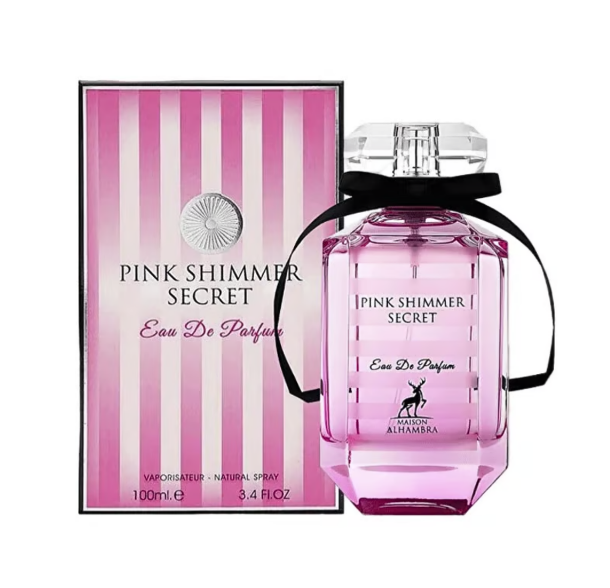 Pink Shimmer Secret by Maison Alhambra – pakuotė ir buteliukas