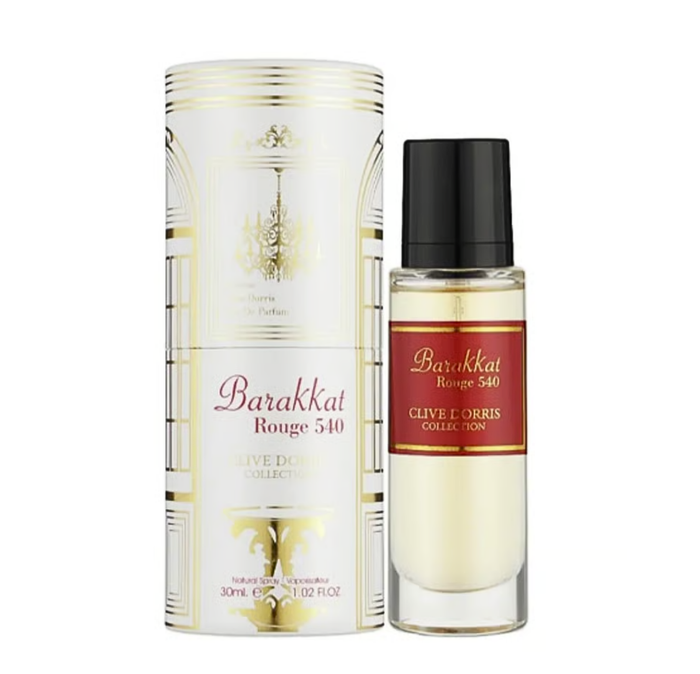 Barakkat Rouge 540 by Fragrance World EDP 30ml – pakuotė ir buteliukas