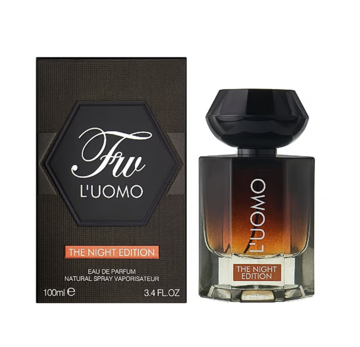 L'Uomo The Night Edition by Fragrance World – pakuotė ir buteliukas