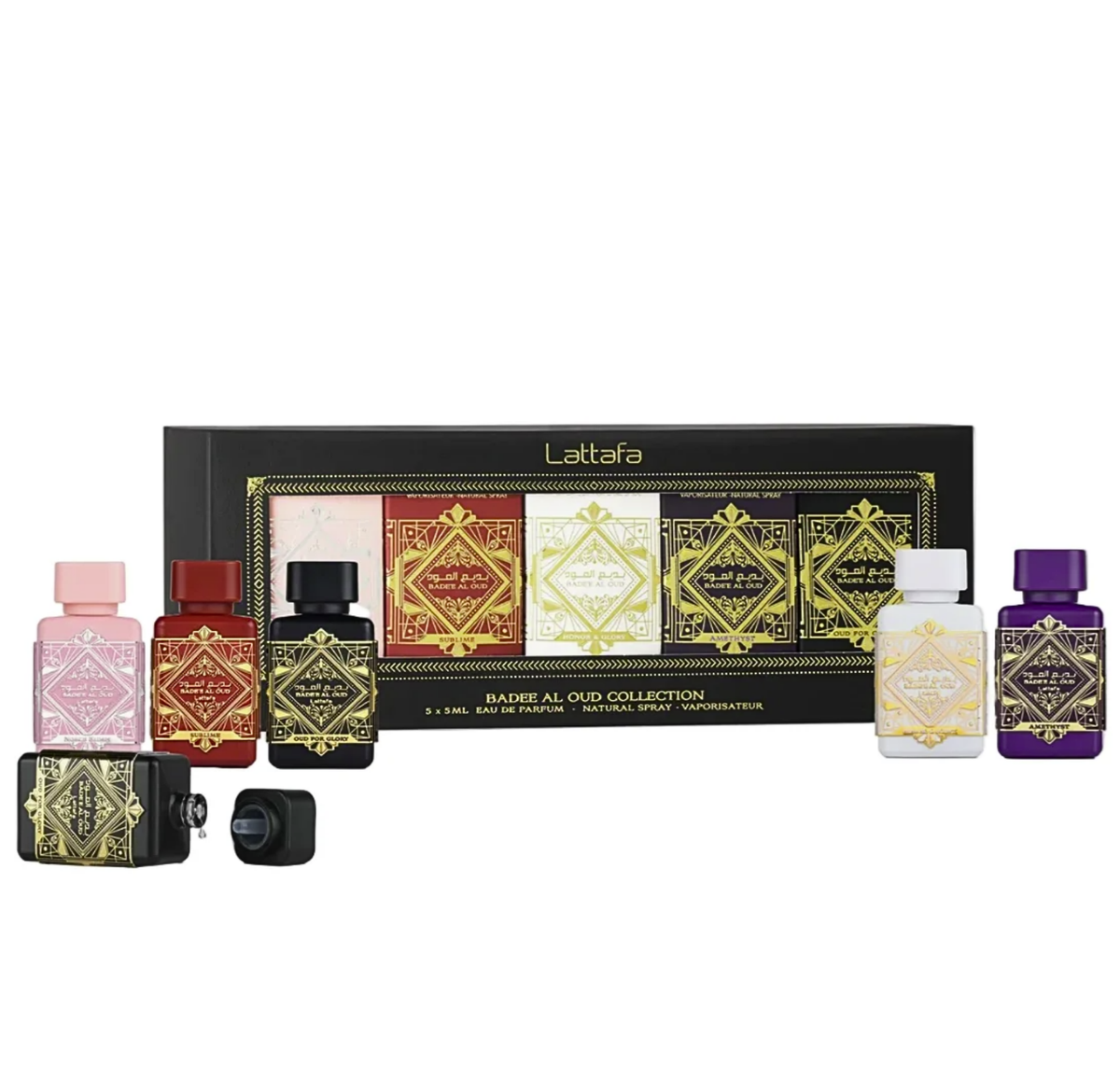 Badee Al Oud Collection by Lattafa EDP 5x5ml Gift Set – pakuotė ir buteliukas